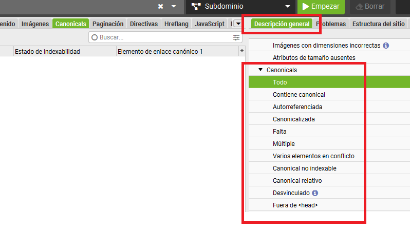 Detección de Canonicals con Screaming Frog