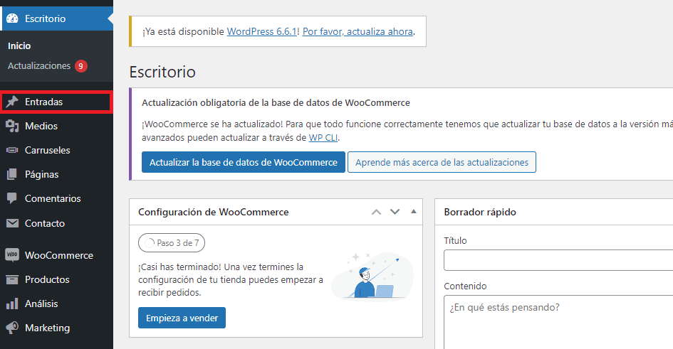 Sección de inicio de WordPress