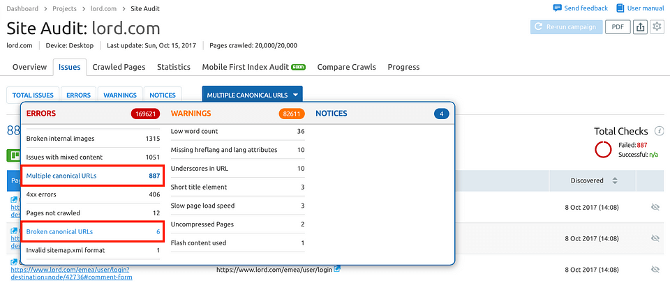 Visualización de problemáticas ligadas a etiquetas canonicals en Semrush