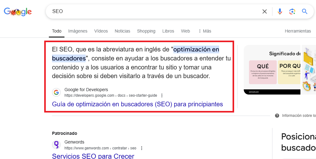 Ejemplo de featured snippet en resultados de búsqueda